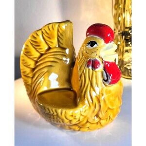 MCM Rooster Chicken Ceramic Retro Salt & Pepper  Napkin Holder Gold Red Brown